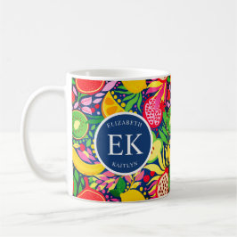 Caneca De Café Monograma de Fruta tropical Padrão de Verão de Aqu