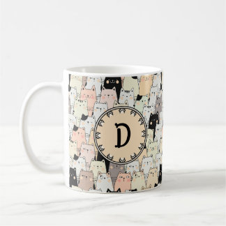 Caneca De Café Monograma de Gatos de Ilustração Retroativa