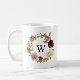 Caneca De Café Monograma de Grinalda de Aquarela Floral