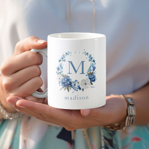 Caneca De Café Monograma de Grinalda Floral Azul