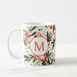 Caneca De Café Monograma de Holly Berries de Natal Vermelho Moder