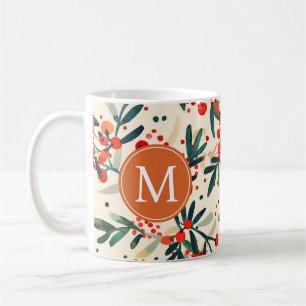 Caneca De Café Monograma de Holly Berries de Natal Vermelho Moder
