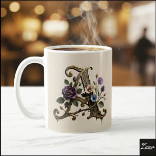 Caneca De Café Monograma de Letra A Dourada Floral Antiga