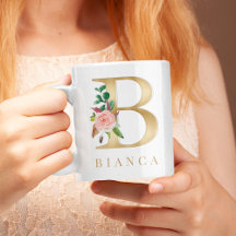 Monograma de Letra B em Dourado e Floral Aquarela