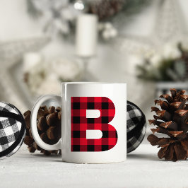 Caneca De Café Monograma de letra B em negrito com xadrez vermelh
