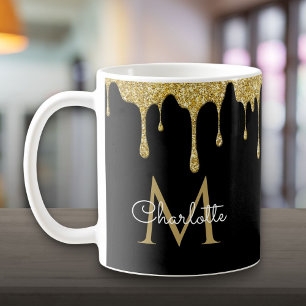 Caneca De Café Monograma de Letra com Pingos de Purpurina Dourada