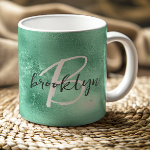 Caneca De Café Monograma de Letra Cursiva Glam Verde Mint
