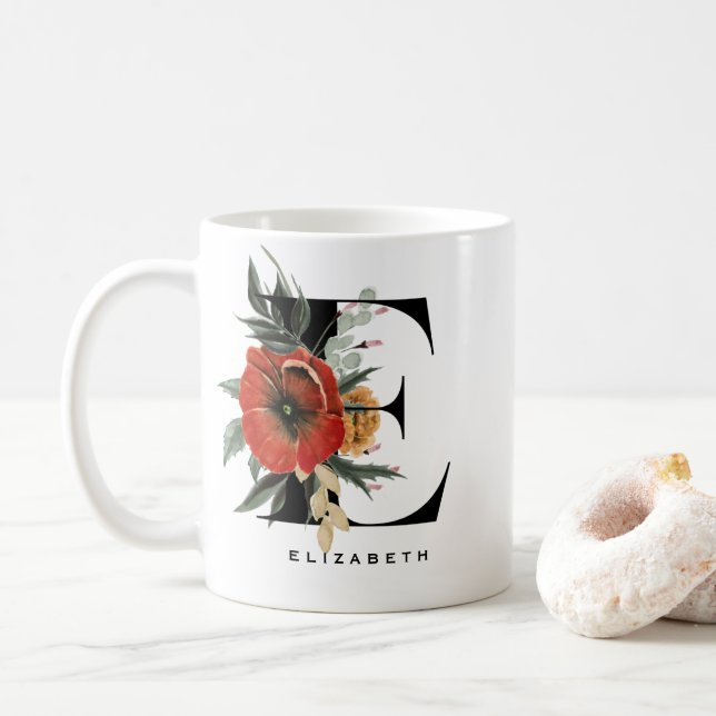 Caneca De Café Monograma de letra E de Anêmonas em Aquarela Botân (Com Donut)