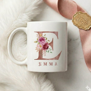 Caneca De Café Monograma de letra E floral em ouro rosa personali