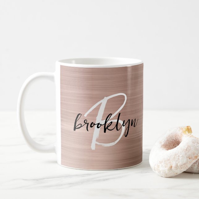 Caneca De Café Monograma de Letra em Metal com Rosa Dourado  (Com Donut)