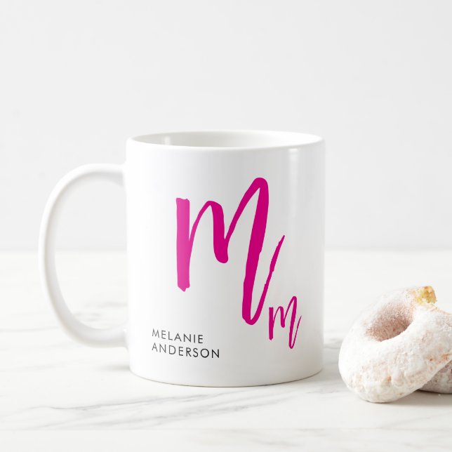 Caneca De Café Monograma de Letra em Preto e Rosa (Com Donut)
