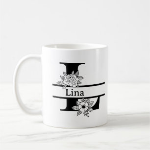 Caneca De Café Monograma de Letra Inicial Floral Preta Minimalist