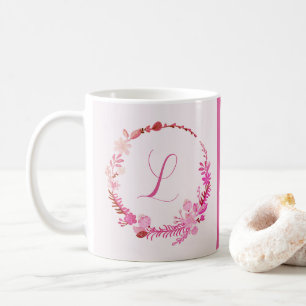 Caneca De Café Monograma de Letra Inicial Floral Rosa Elegante Ch