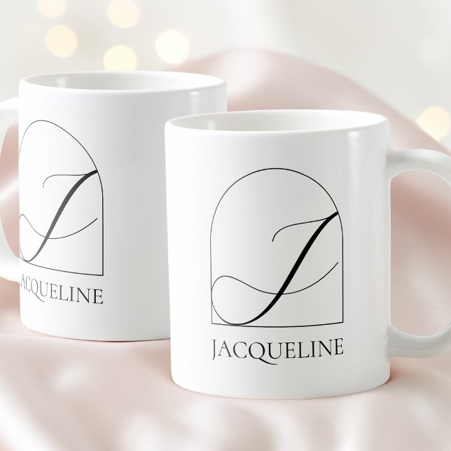 Caneca De Café Monograma de Letra Inicial J em Script Preto Arco  (Minimal Arch Black Script Initial J Name Monogram Coffee Mug)