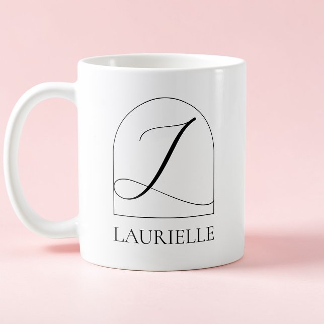 Caneca De Café Monograma de Letra Inicial L em Script Preto Arco  (Minimal Arch Black Script Initial L Name Monogram Coffee Mug)