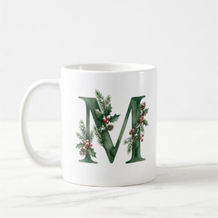 Caneca De Café Monograma de letra M botânica em aquarela de Natal