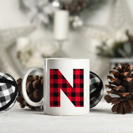 Caneca De Café Monograma de Letra N Negrito em Xadrez Búfalo Verm