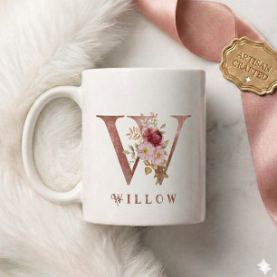 Caneca De Café Monograma de Letra W Floral em Dourado Rosa Person