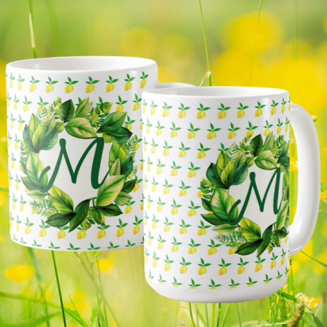 Caneca De Café Monograma de Limões Amarelos  (Personalize with your monogram!)