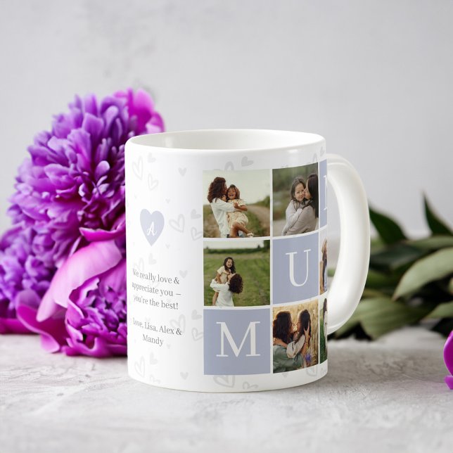 Caneca De Café Monograma de mãe de Pássaros Quadrados e Personali (Mum Photo Square Gird Monogram & Personalized Coffee Mug)