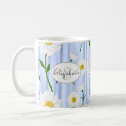 Caneca De Café Monograma de margaridas de Verão Padrão Espelho Az