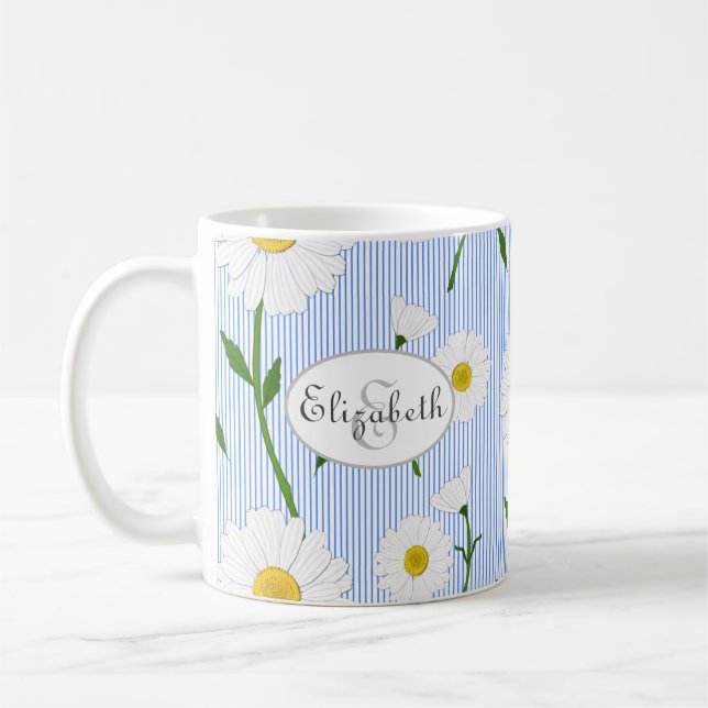 Caneca De Café Monograma de margaridas de Verão Padrão Espelho Az (Esquerda)