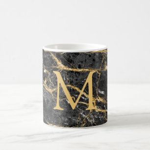 Caneca De Café Monograma de Mármore Dourado preto Elegante