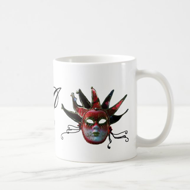 Caneca De Café MONOGRAMA DE MÁSCARAS DE JESTER VERMELHO PRETO, Ma (Direita)