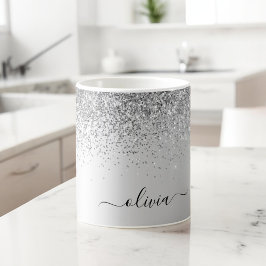 Caneca De Café Monograma de Metal Brilho Prata Nome Glam