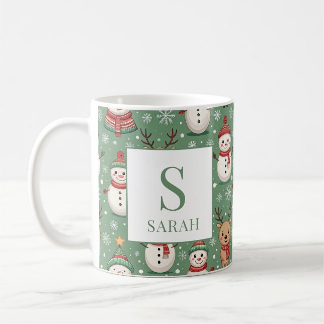 Caneca De Café Monograma de Natal com Boneco de Neve Verde & Rena (Esquerda)