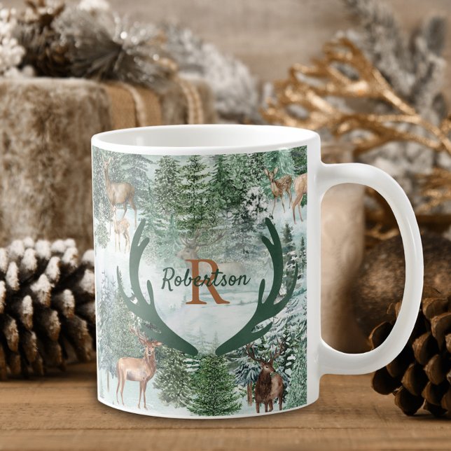 Caneca De Café Monograma de Natal para Veado de inverno (Criador carregado)