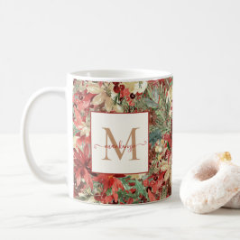 Caneca De Café Monograma de Natal Rustic Holiday Poinsettia