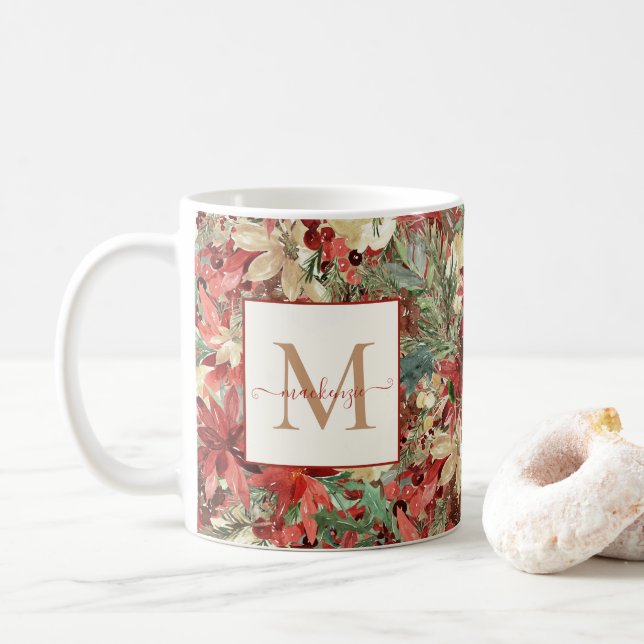 Caneca De Café Monograma de Natal Rustic Holiday Poinsettia (Com Donut)