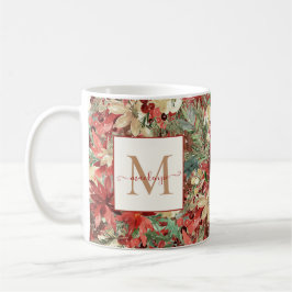 Caneca De Café Monograma de Natal Rustic Holiday Poinsettia