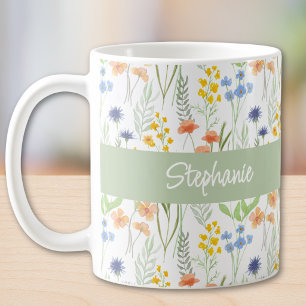 Caneca De Café Monograma de Nome com Aquarela de Flor Silvestre
