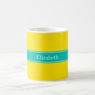 Caneca De Café Monograma de Nome de Fita Amarela Sólida, Teal