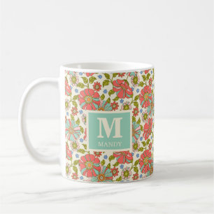 Caneca De Café Monograma de Nome Floral Colorido