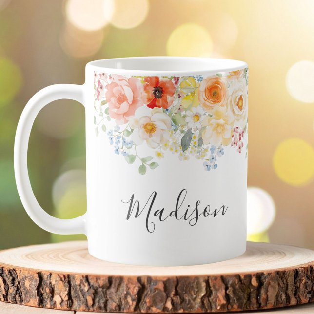 Caneca De Café Monograma de Nome Personalizado Aquarela Floral En (Criador carregado)