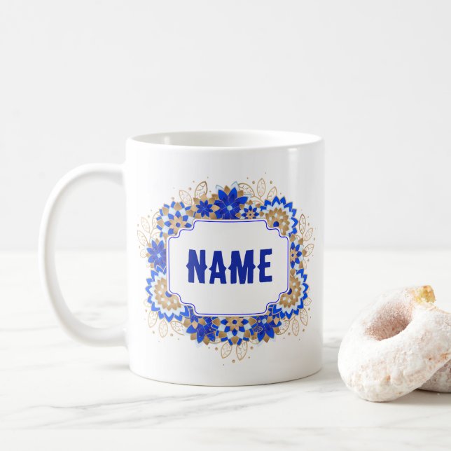 Caneca De Café Monograma de Nome Personalizado de Nomes Azul (Com Donut)
