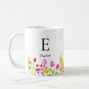 Caneca De Café Monograma de Nome Personalizado Flores Silvestres