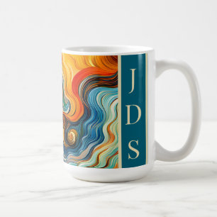 Caneca De Café Monograma de Ondas de Cor de Arte Moderna da abstr