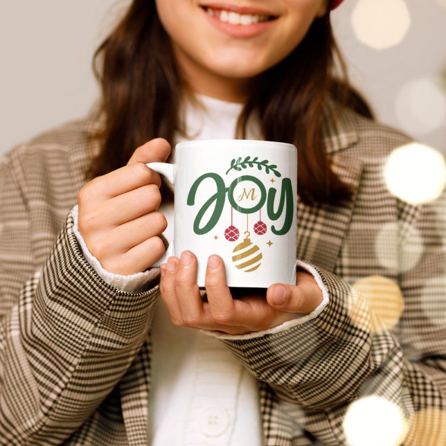 Caneca De Café Monograma de Ornament de Joy de Natal (Criador carregado)