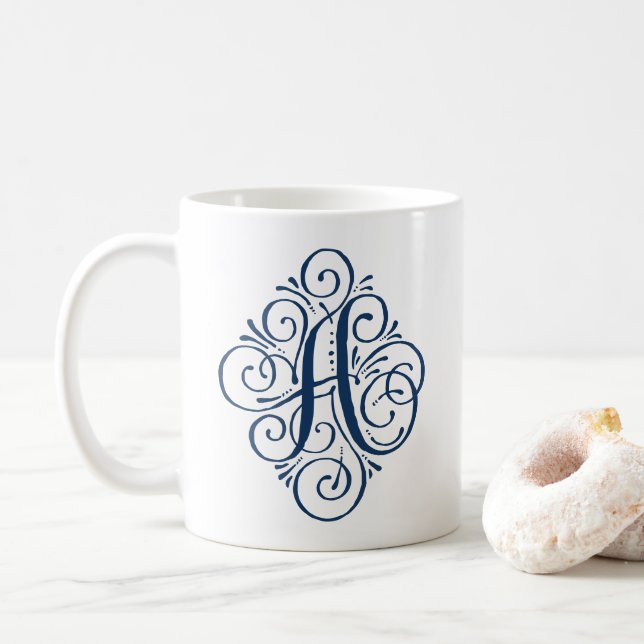 Caneca De Café Monograma de Ornamento Personalizado com Floreio (Com Donut)
