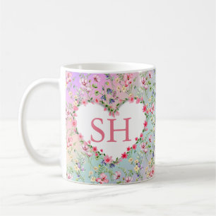 Caneca De Café Monograma de Padrão de Aquarela de Flor de Primave