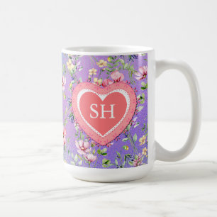 Caneca De Café Monograma de Padrão de Aquarela de Flor de Primave