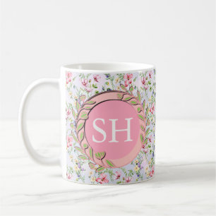 Caneca De Café Monograma de Padrão de Aquarela de Flor de Primave