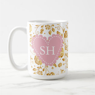Caneca De Café Monograma de Padrão de Aquarela de Flor de Primave