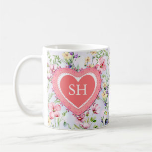 Caneca De Café Monograma de Padrão de Aquarela de Flor de Primave