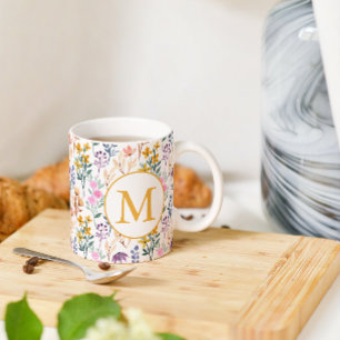 Caneca De Café Monograma de Padrão de Aquarela de Flor de Primave