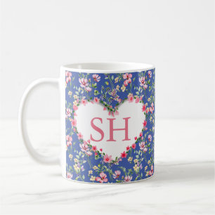Caneca De Café Monograma de Padrão de Aquarela de Flor de Primave